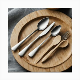 Wooden Plate With Silverware Canvas Print