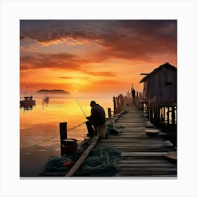 Sea Fisherman Mending Nets On A Rustic Wooden Dock At Dawn Mist Rolling Over Calm Waters Silhouett 537540339 Canvas Print