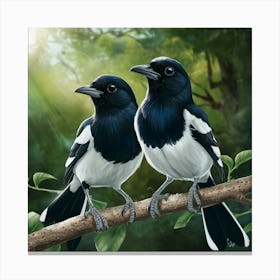 Curious Companions: Magpies in a Sunlit Forest - A Vivid Digital Illustration 3 Canvas Print