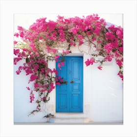 Blue Door With Pink Bougainvillea 1 Canvas Print