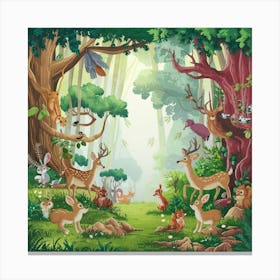 Cartoon Forest With Animals Canvas Print