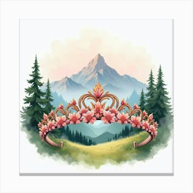 Rose Gold Tiara, Watercolor, Beautiful Mountain Vista 1 Canvas Print