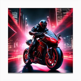 The Image Depicts A Futuristic Scene With A Black And Red Motorcycle Ridden By A Cyborg 4 Canvas Print