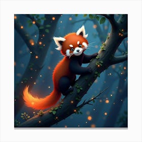 A Red Panda With A Fiery Tail, Climbing A Glowing, Bioluminescent Tree Canvas Print