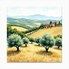 Classic Tuscan Countryside In Watercolor, With Rolling Hills And Ancient Olive Groves 1 Canvas Print