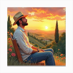 Charming Italian Man In Watercolor, Relaxed Under A Tuscan Sunset Sky Canvas Print