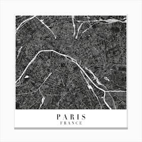 Paris France Minimal Black Mono Street Map  Square Canvas Print