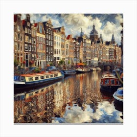 Amsterdam Canals - A canal scene in Amsterdam, but the houses and boats are not reflected in the water in a normal way. Instead, they are reflected in a distorted and fractured way, creating a sense of illusion and fantasy. The scene is rendered in a realistic, painterly style. 2 Canvas Print