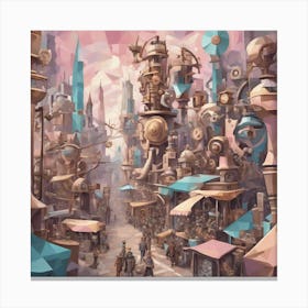 Bustling Steampunk Street Cubism Style Canvas Print