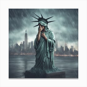 Statue Of Liberty Crying With Her Hands Covering Her Face, Raining Outside, City Background, Hyper R (3) Canvas Print