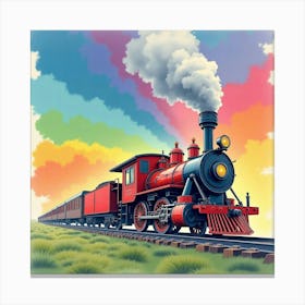 Watercolor Steam Engine Crossing A Colorful Rainbow Filled Sky 1 Canvas Print