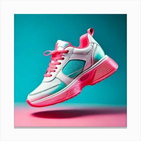 Firefly Sneaker, Flashy, Turquoise, Pink, Leather, Magic, Jumping, Sole, Floating, White, Backdrop, (8) Canvas Print