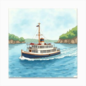 Classic Ferry Navigating Watercolor Serene Coast 1 Canvas Print