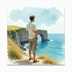 Graceful Man In Watercolor Outfit, Coastal Cliff View 1 Canvas Print