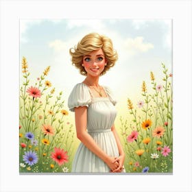 Princess Diana Smiling In A Dreamy Watercolor Floral Meadow Scene 1 Canvas Print