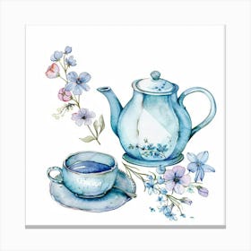 Blue Watercolor Tea Pot And Tea Cup With Flowers Canvas Print
