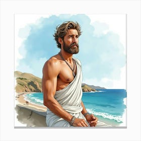 Watercolor Illustration Of A Greek Man With Rugged Charm And A Classic Seascape 1 Canvas Print