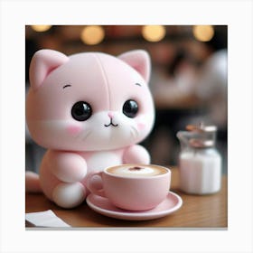 Pink Cat With Cup Of Coffee Canvas Print