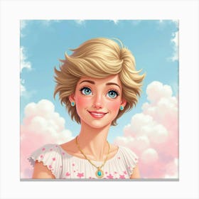 Princess Diana Smiling With Soft Blue And Pink Watercolor Clouds Canvas Print