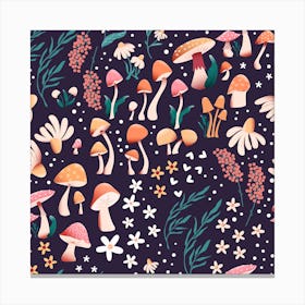 Mushrooms And Florals Pattern On Purple Square Canvas Print