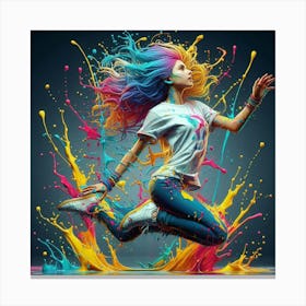Colorful Girl Jumping In Paint Splash Canvas Print