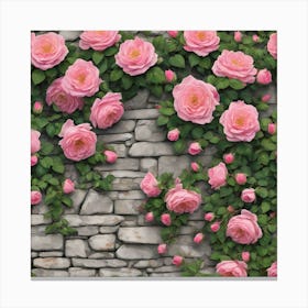 Light Pink Climbing Roses On Stone Wall Canvas Print