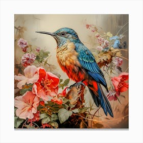 Tropical Majesty: Blue and Orange Bird with Vibrant Florals - Nature Art Canvas Print