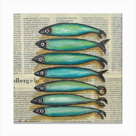 Minimal Sardines Fishes Anchovies Ocean Inspired Food Art On Newspaper For Kitchen Farmhouse Rustic Minimal Neutral Colores Decoration Canvas Print