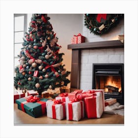 Christmas Presents Under Christmas Tree At Home Next To Fireplace (34) Canvas Print