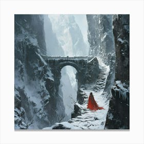 Fantasy Snowy Mountain Landscape With Lone Figure In Red Cape Canvas Print