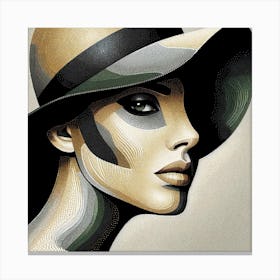 "Enigmatic Elegance" - Step into a world of sophistication with this stunning portrait, a perfect blend of classic glamour and contemporary art. The piece features a woman of mystery, her gaze captivating and poised, adorned with a stylish hat that speaks of timeless fashion. This artwork, with its beige and black palette, exudes chic elegance and is a must-have for fashion aficionados and modern art collectors alike. It’s an alluring addition to any space, inviting onlookers to ponder the story behind the enigmatic expression. Elevate your decor with this striking piece that combines allure, fashion, and a modern twist on portraiture. Canvas Print