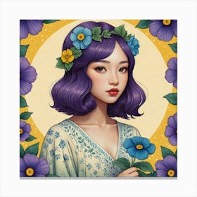 Asian Girl With Purple Flowers Canvas Print