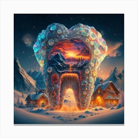 , a house in the shape of giant teeth made of crystal with neon lights and various flowers 6 Canvas Print