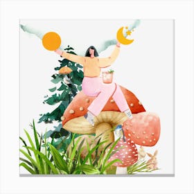 Positive Vibes Woman And Mushrooms Canvas Print