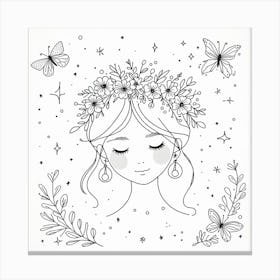 A Delicate and Minimalistic Line Art Drawing of a Girl with Pearl Earrings and a Flower Crown, with Butterflies and Stars as Accents Canvas Print