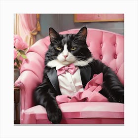 Cat Nap Tuxedo Cat Napping In Pink Interior Art Print 3 Canvas Print