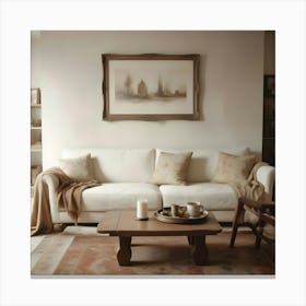 Neutral Toned Living Room With A White Sofa, Wooden Furniture, And Framed Artwork Depicting A Cityscape Canvas Print