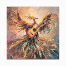Phoenix Guitar awater color paint An exquisite, abstract rendition of soulful strumming, where the guitar is metaphorically replaced by a soaring, ethereal phoenix. The bird's vibrant feathers cascade like strings, emanating a warm, golden glow. As it strums its own divine melody, the phoenix embodies the spiritual essence of music, transcending physicality and resonating with the deepest chords of the soul. The background is a harmonious blend of dreamy, impressionistic hues, evoking a sense of transcendence and boundless creativity. 1 Canvas Print