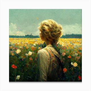 Blonde Child In Flower Field Square Canvas Print