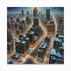 Snowy City At Night Full Of Light Canvas Print