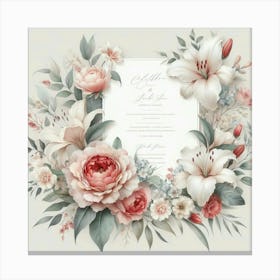 An illustration of a wedding invitation with a beautiful floral frame of watercolor lilies, roses, and other flowers in soft pastel colors with a blank space for text in the middle. Canvas Print