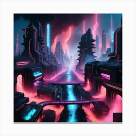 Cyberpunk industrial city with lava and river 5 Canvas Print