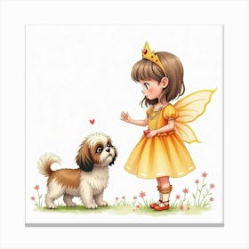 Watercolor Shih Tzu And A Little Girl Dressed As A Fairy Princess Canvas Print