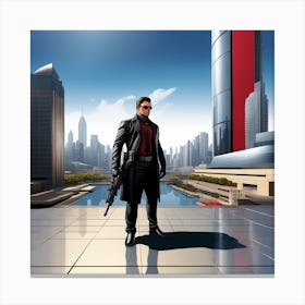 The Image Depicts A Man In A Black Suit And Helmet Standing In Front Of A Large, Modern Cityscape Canvas Print