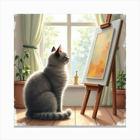 A Serene British Shorthair Watching Its Owner Paint In A Studio, Watercolor 1 Canvas Print