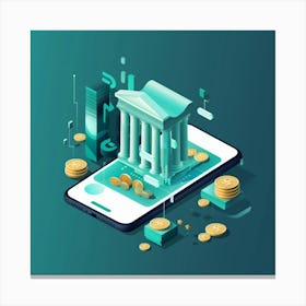 Isometric Illustration Of A Building And Coins Canvas Print