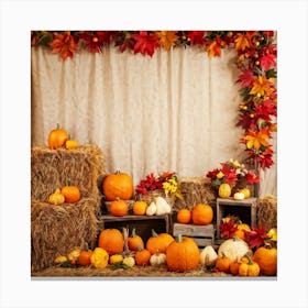 Autumn Harvest Scene Arranged Rustic Style Brimming With Seasonal Abundance Pumpkins Nestled Amon (3) Canvas Print