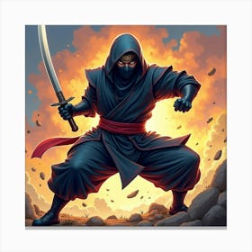 Ninja Fighter In Action With A Colorful, Dynamic Background 1 Canvas Print