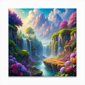 Fantasy Landscape With Waterfall, Mountains, And Flowers Canvas Print