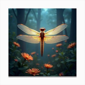 A Surreal Dragonfly With Translucent Wings Of Flowing Light Hovering Over A Cosmic Garden Canvas Print